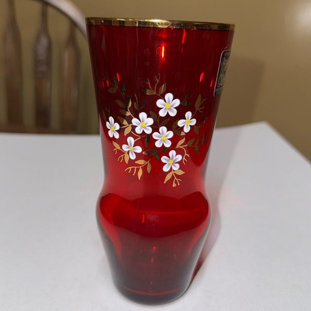 Bohemian Red Vase With Hand Painted Floral Design 6” VCELNICKA A Ruckl & Sons